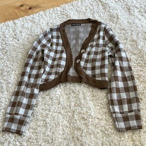 Brown and white checkered cardigan